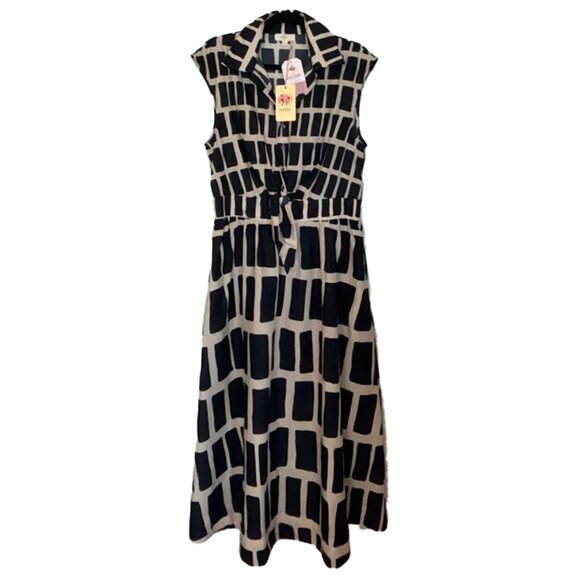 Entro Blue & Ivory Geometric Print Sleeveless A-Line Dress - Size L - NWT - Picture 2 of 6